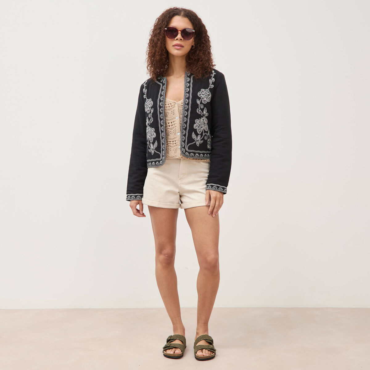 Veste en coton avec broderie noir femme