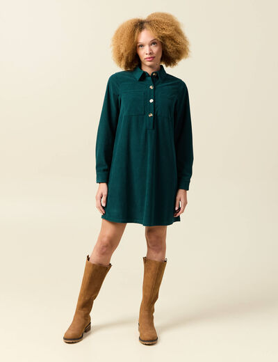 Robe droite velours col polo vert fonc&eacute; femme