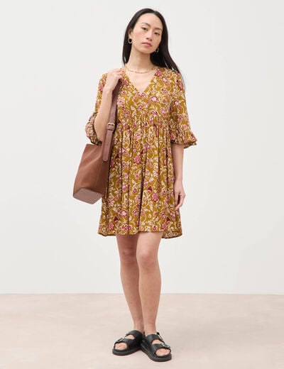 Robe col v manches au coude vert olive femme