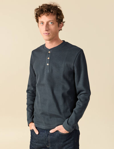 T-shirt cintr&eacute; en coton manches longues bleu gris homme