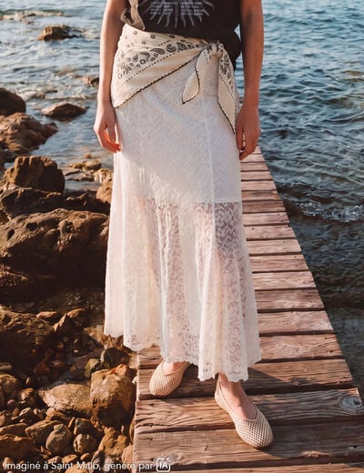 Jupe longue &eacute;vas&eacute;e en dentelle doubl&eacute;e ecru femme