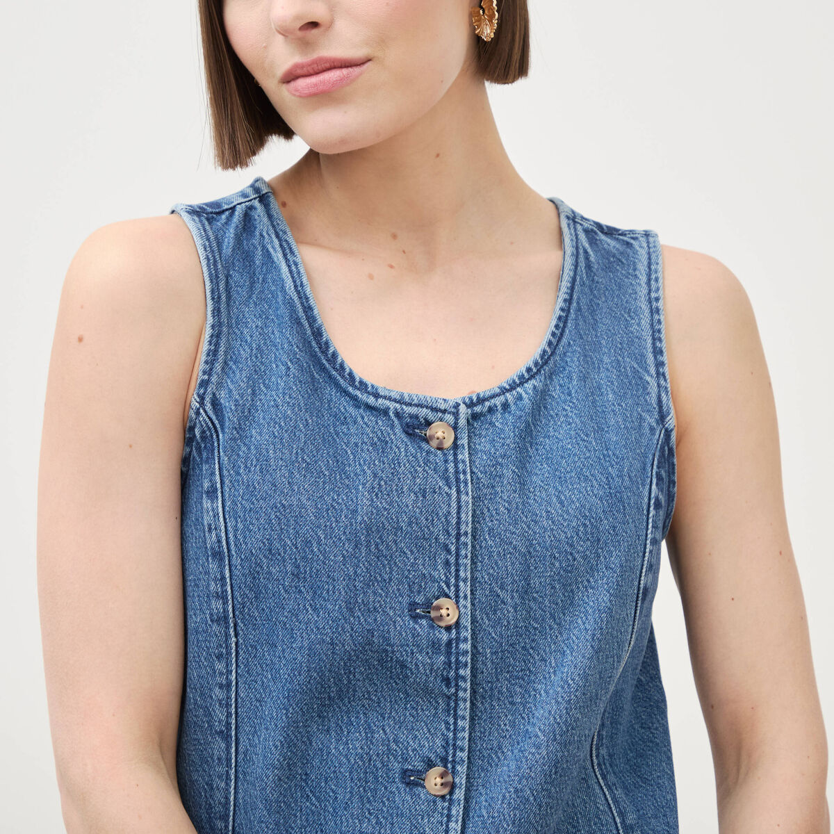 Gilet en jeans sans manches col rond denim used femme