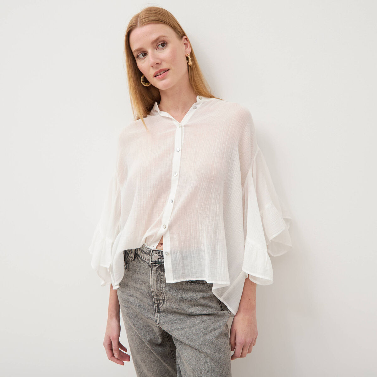 Blouse boyfriend manches coude en coton ecru femme