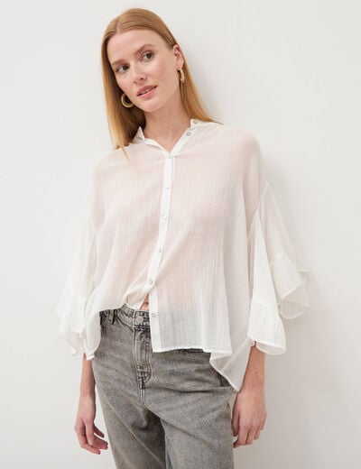 Blouse boyfriend manches coude en coton ecru femme