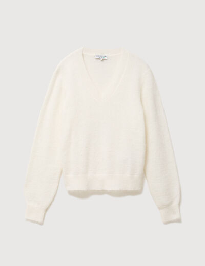 Pull droit col v manches longues ecru femme
