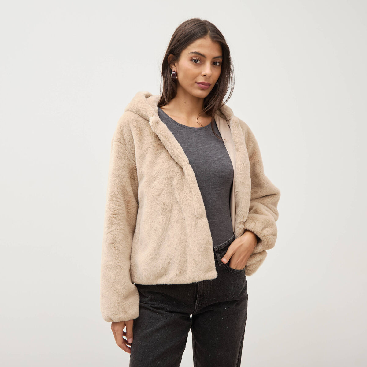 Blouson ample court col montant beige femme