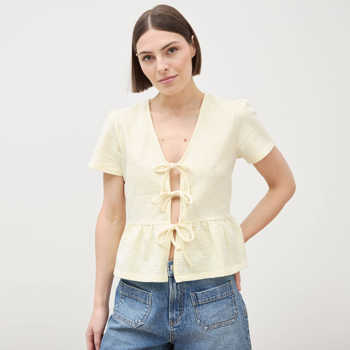 Blouse manches courtes jaune pastel femme