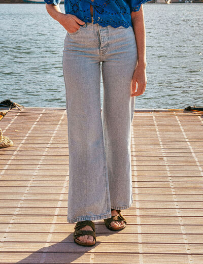 Jeans large taille haute denim bleach femme