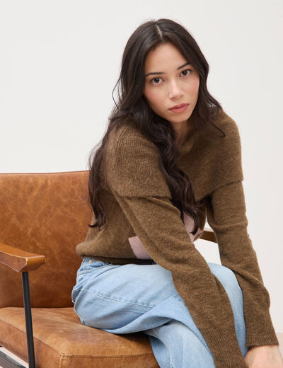 Pull droit manches longues bardot marron femme
