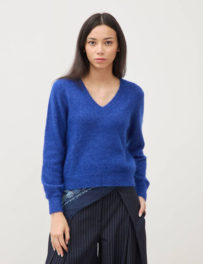 Pull droit col v manches longues bleu electrique femme