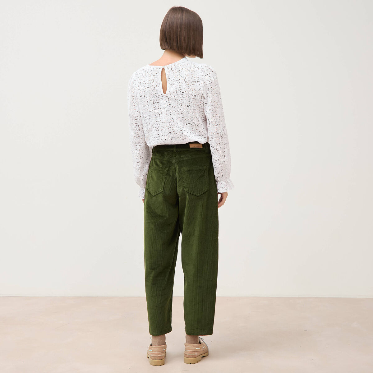 Pantalon barrel taille haute velours vert fonc&eacute; femme