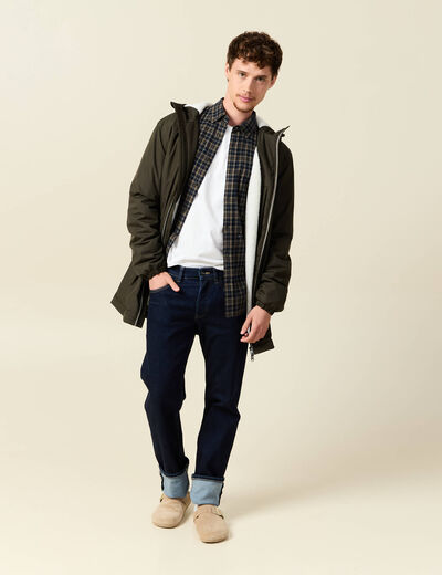 Parka longue droite &agrave; capuche vert kaki homme