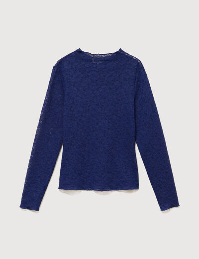 T-shirt ajust&eacute; dentelle manches longues bleu fonc&eacute; femme