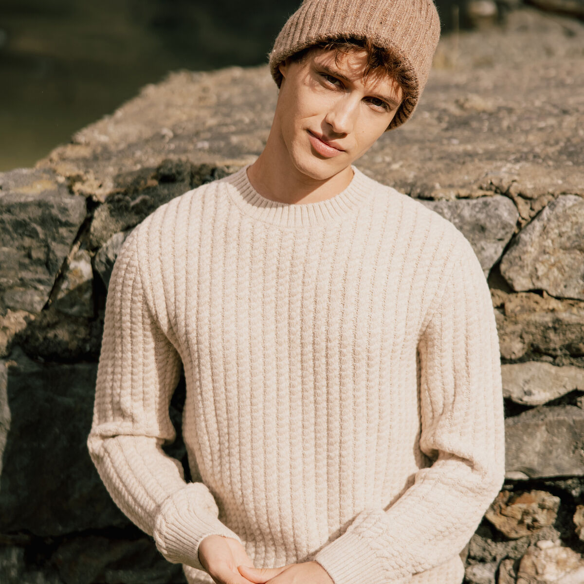 Pull col rond manches longues ecru homme