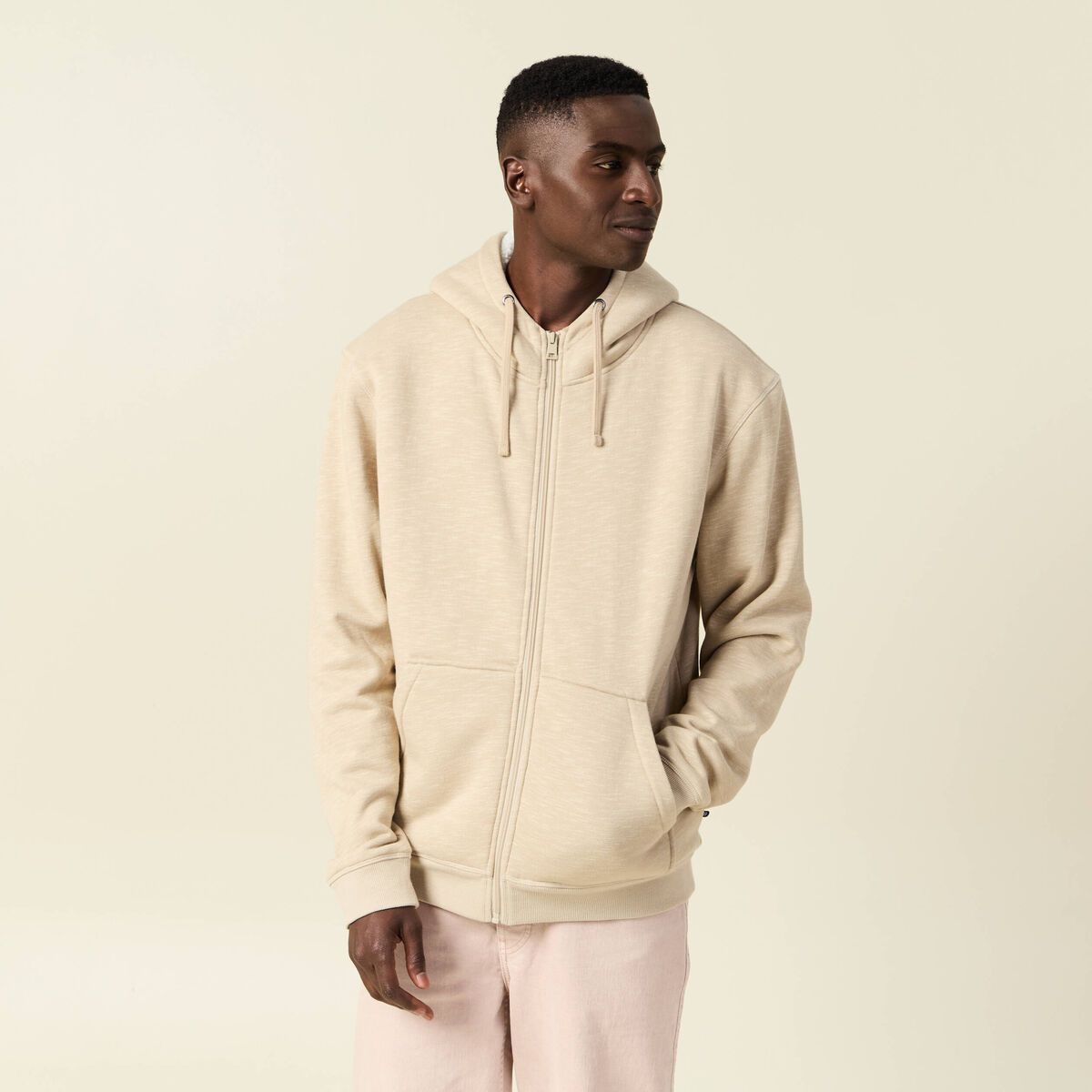 Sweat manches longues zipp&eacute; beige homme