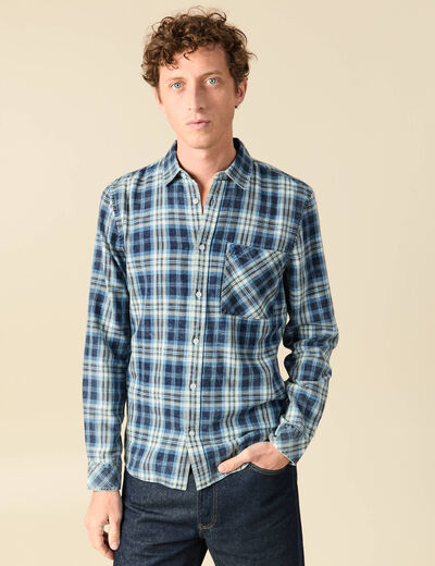 Chemise droite courte en coton bleu fonc&eacute; homme