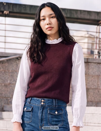 Pull 2 en 1 col rond manches longues marron femme