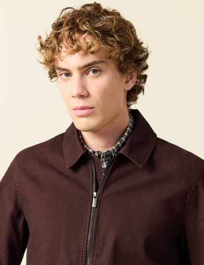Blouson droit court en coton marron fonc&eacute; homme