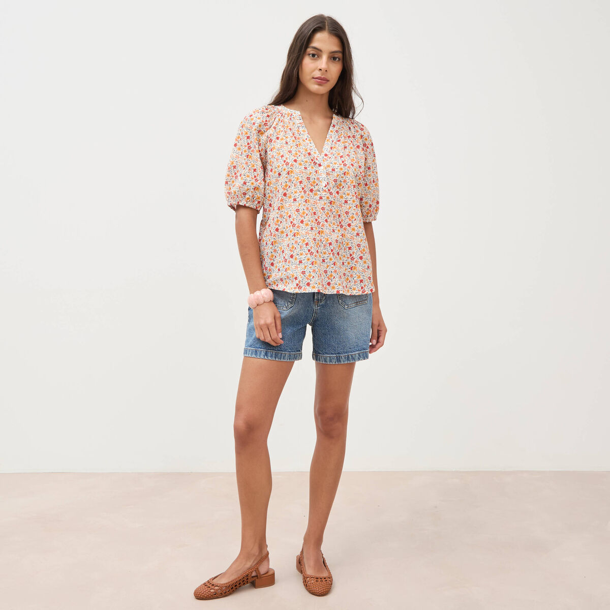 Blouse droite en coton manches courtes orange fonc&eacute; femme