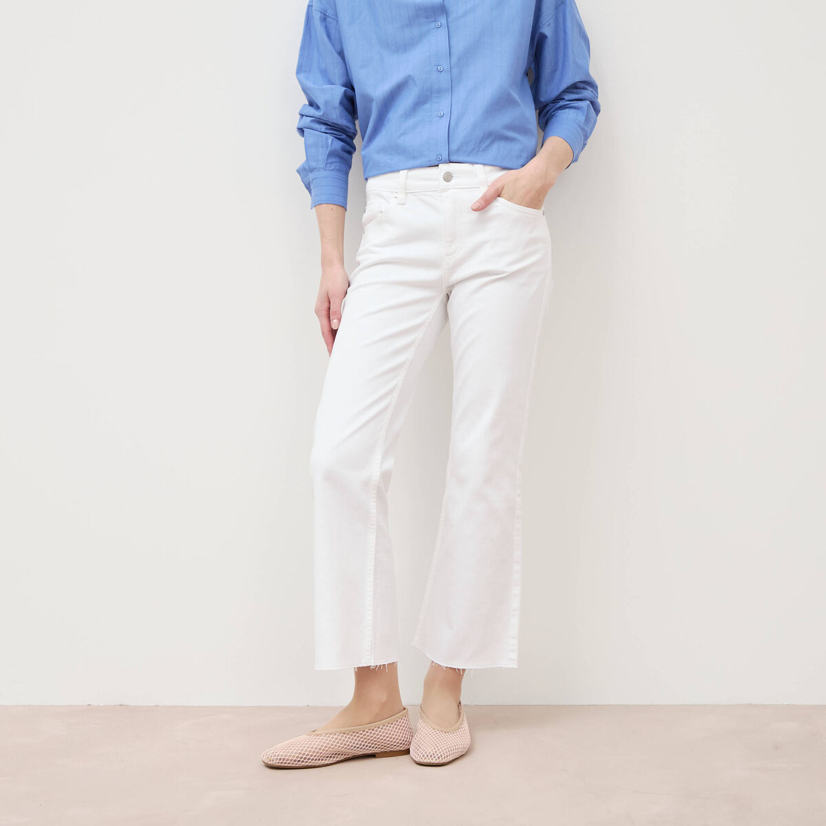 Jeans bootcut cropped taille bascul&eacute;e denim blanc femme