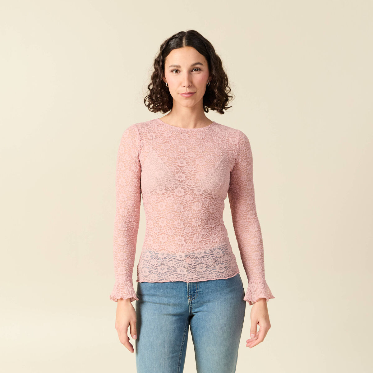 T-shirt ajust&eacute; court manches longues rose pastel femme