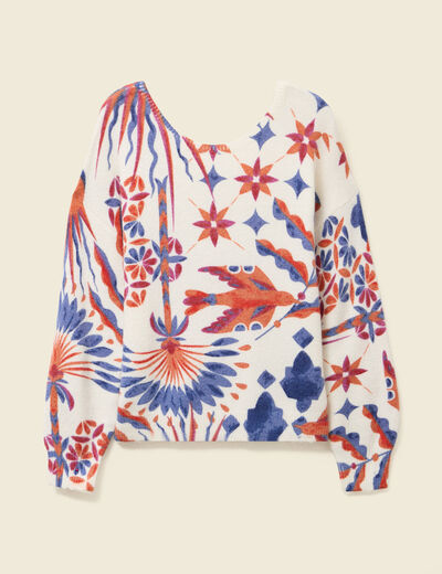 Pull manches longues col en V creme femme