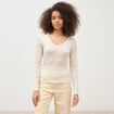 T-shirt cintr&eacute; col v manches longues beige femme