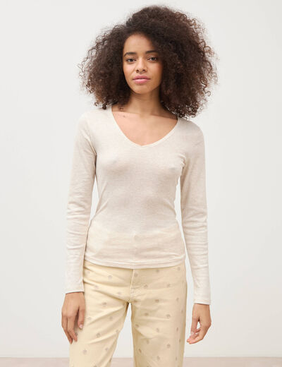 T-shirt cintr&eacute; col v manches longues beige femme