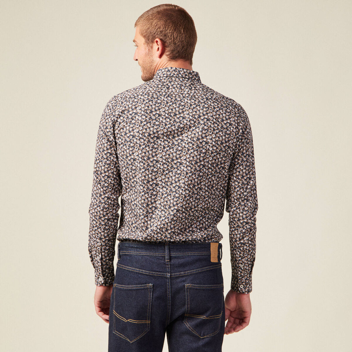 Chemise cintr&eacute;e en coton manches longues bleu marine homme