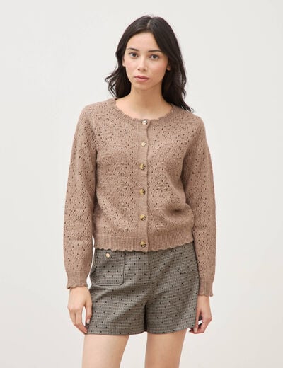 Gilet manches longues col rond taupe femme