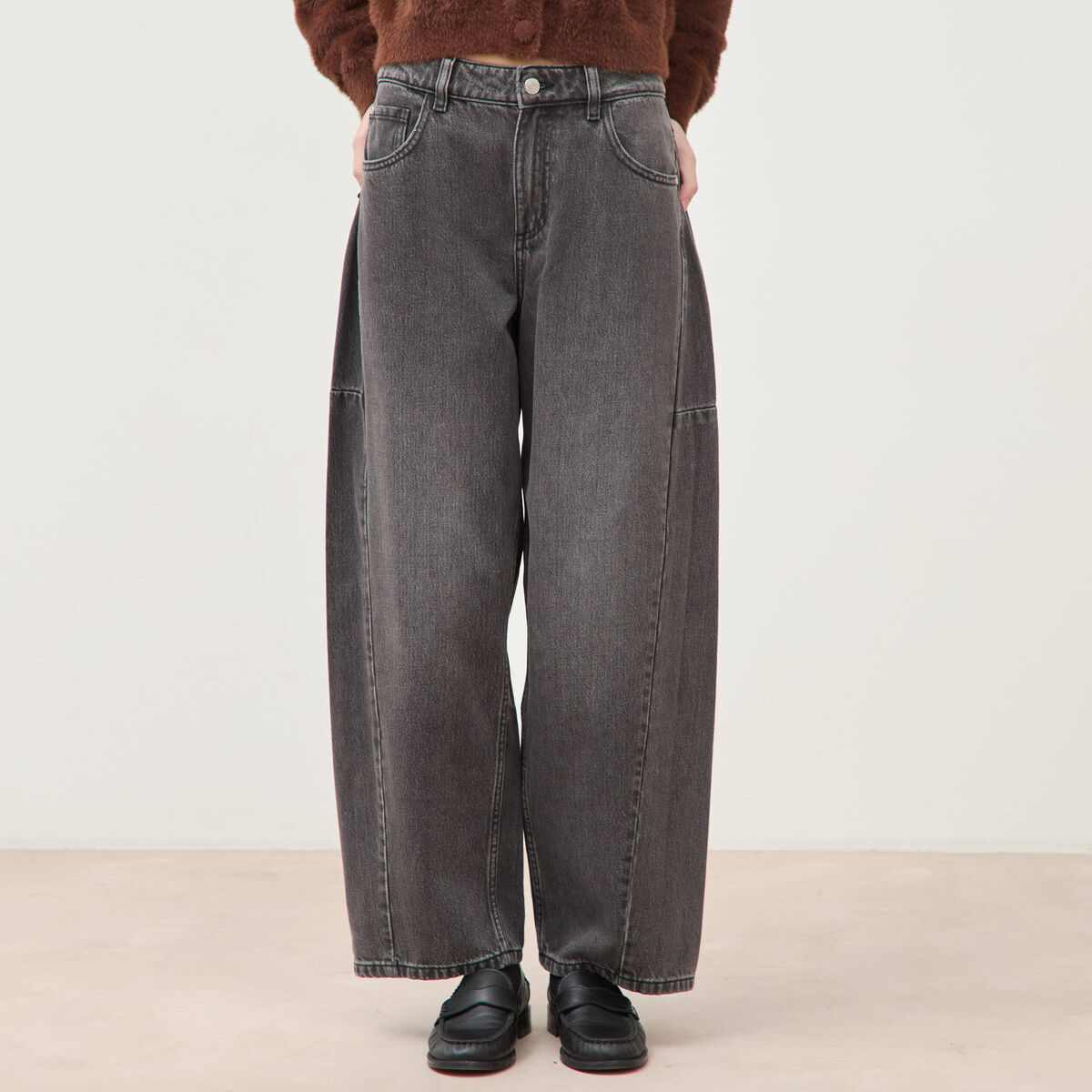 Jeans barrel taille standard denim gris femme