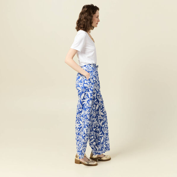 Pantalon large taille haute bleu femme
