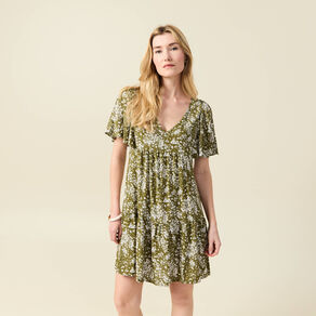 Robe évasée manches courtes vert olive femme