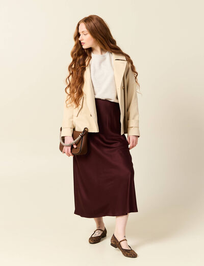 Jupe longue droite satin bordeaux femme