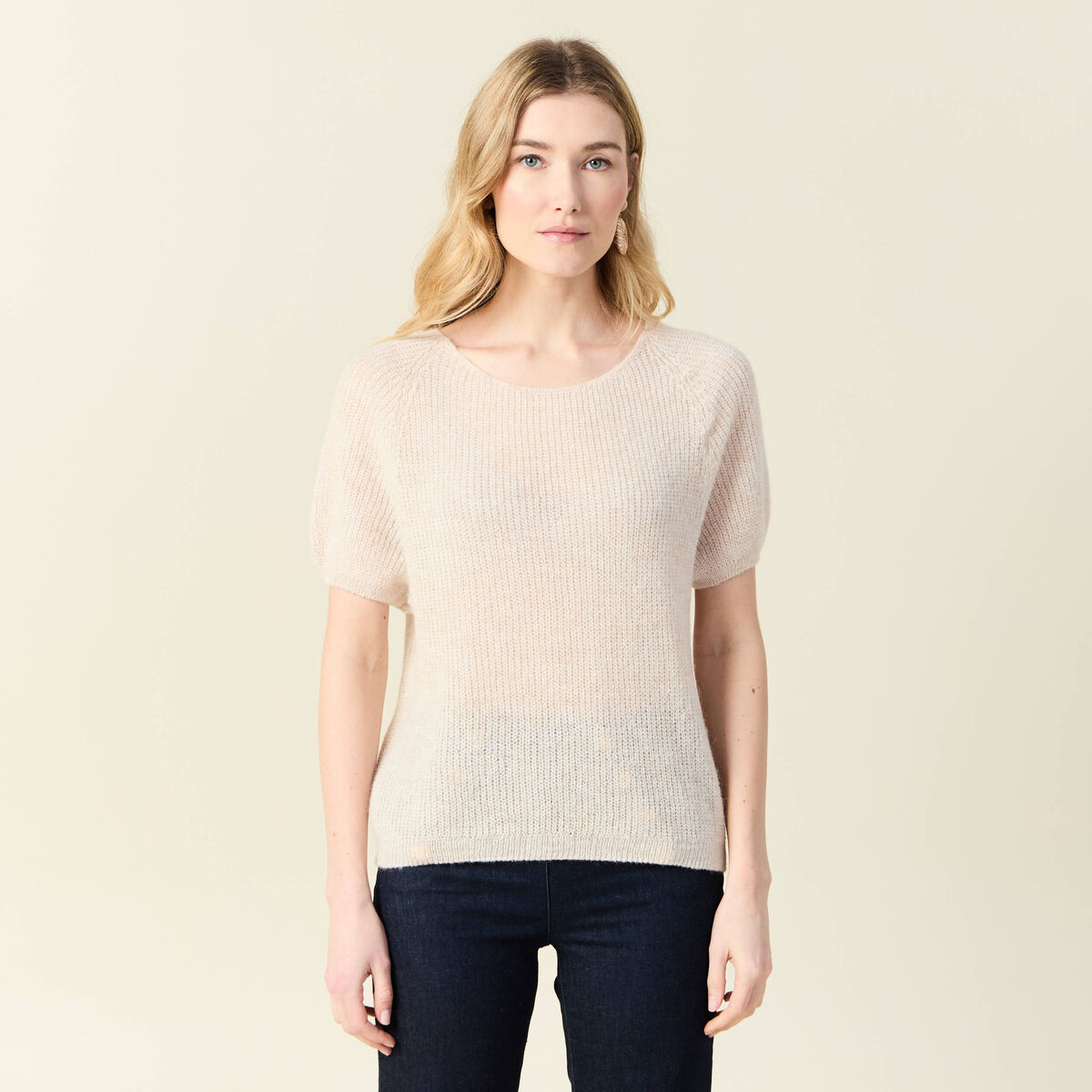 Pull manches courtes creme femme