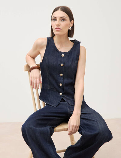 Gilet en jeans sans manches col rond denim brut femme