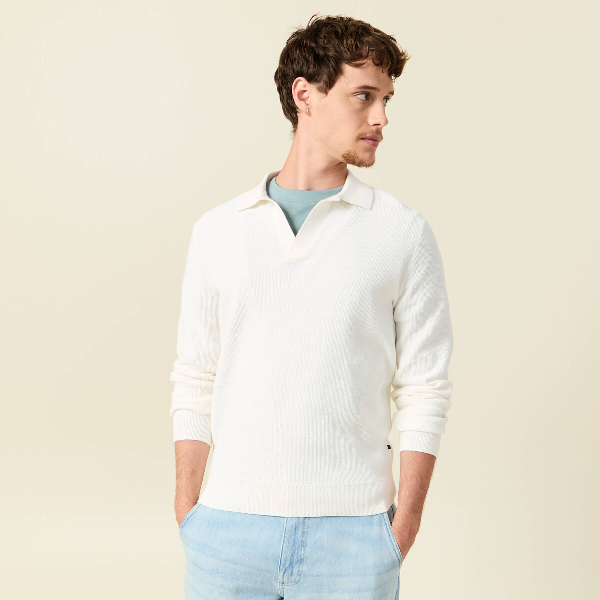 Pull droit col polo manches longues ecru homme