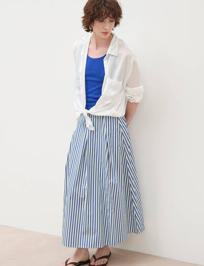 Jupe longue &eacute;vas&eacute;e en coton ray&eacute; bleu femme