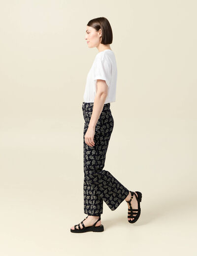 Pantalon large cropped taille haute bleu marine femme