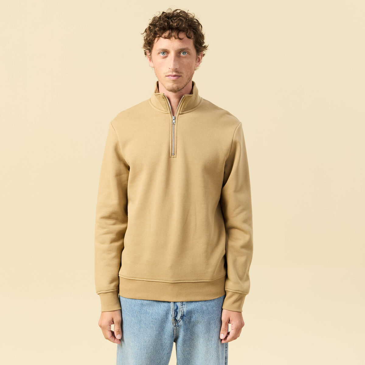 Sweat col camionneur manches longues beige homme