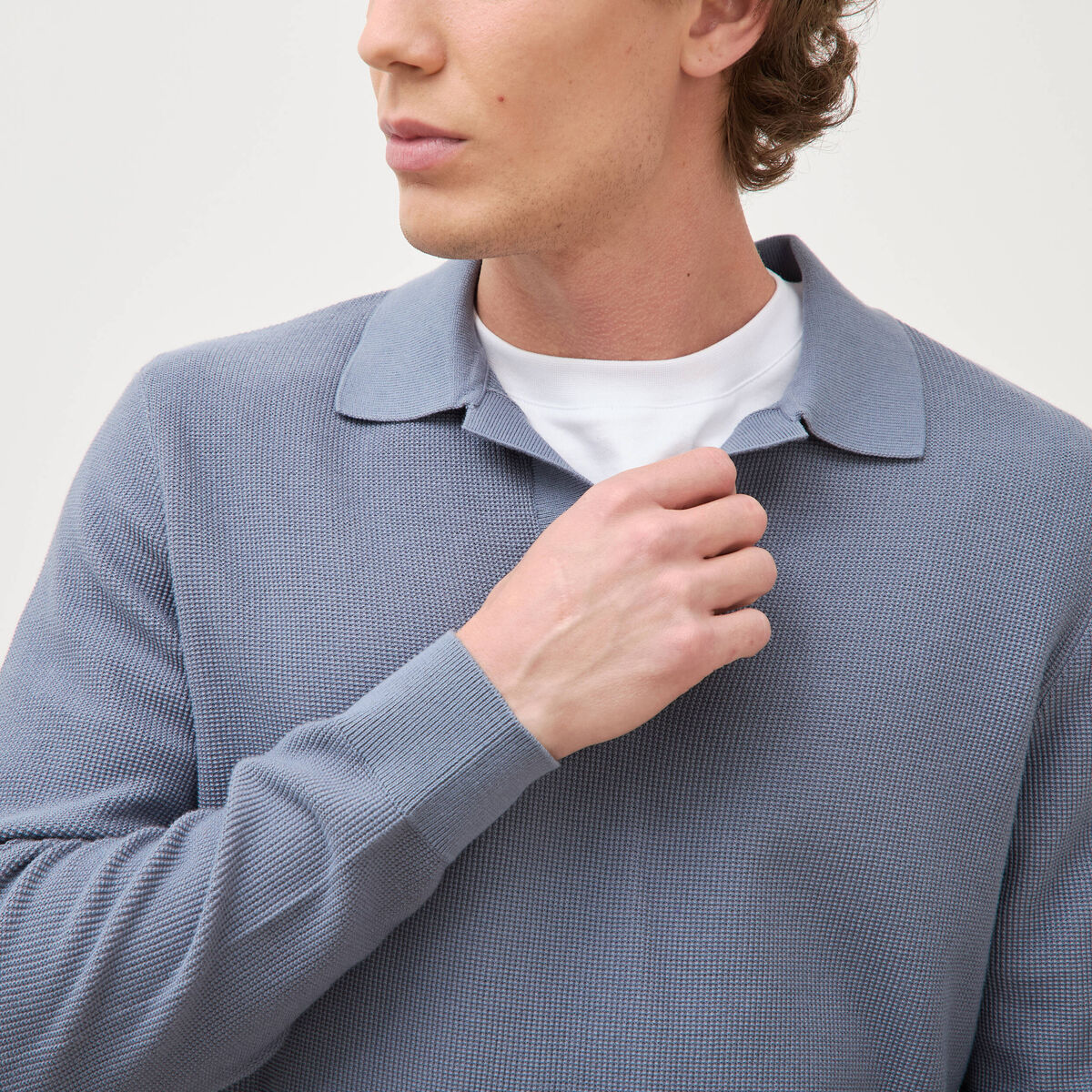 Pull droit col polo manches longues bleu gris homme