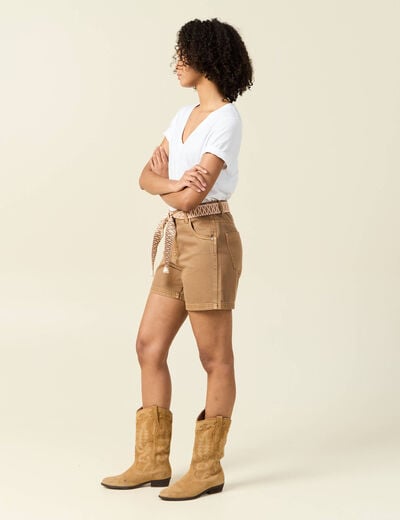 Short boyfriend ceinturé jean vert kaki femme