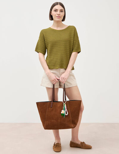Pull col rond manches courtes vert kaki femme