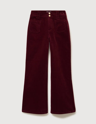 Pantalon flare taille haute en velours bordeaux femme