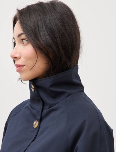 Trench droit court col montant bleu fonc&eacute; femme