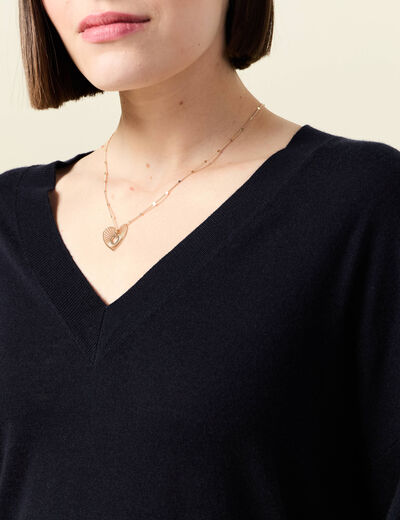 Pull fin col V manches longues bleu foncé femme