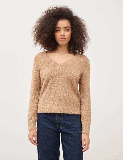 Pull droit col v manches longues camel femme