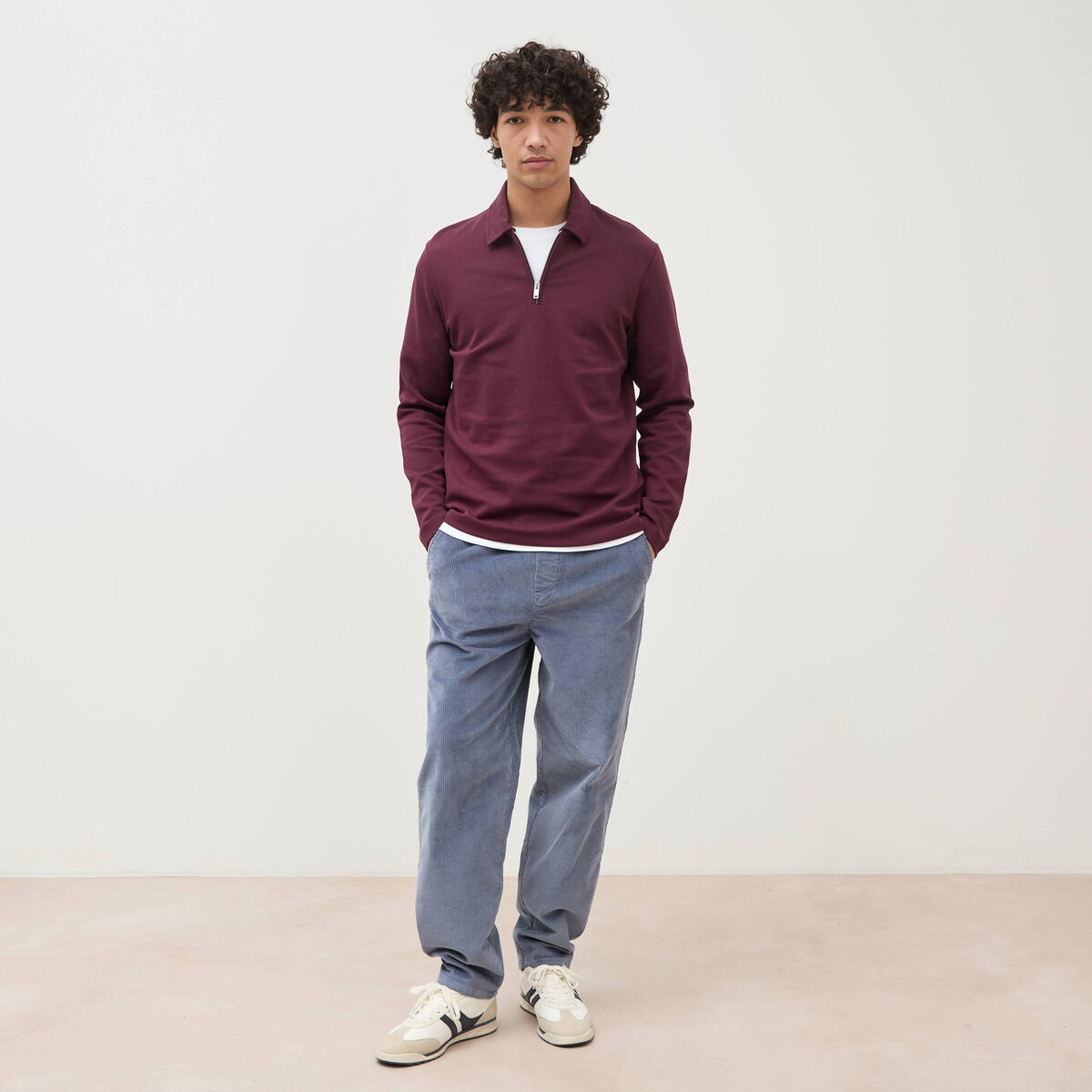 Polo droit manches longues prune homme