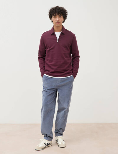 Polo droit manches longues prune homme