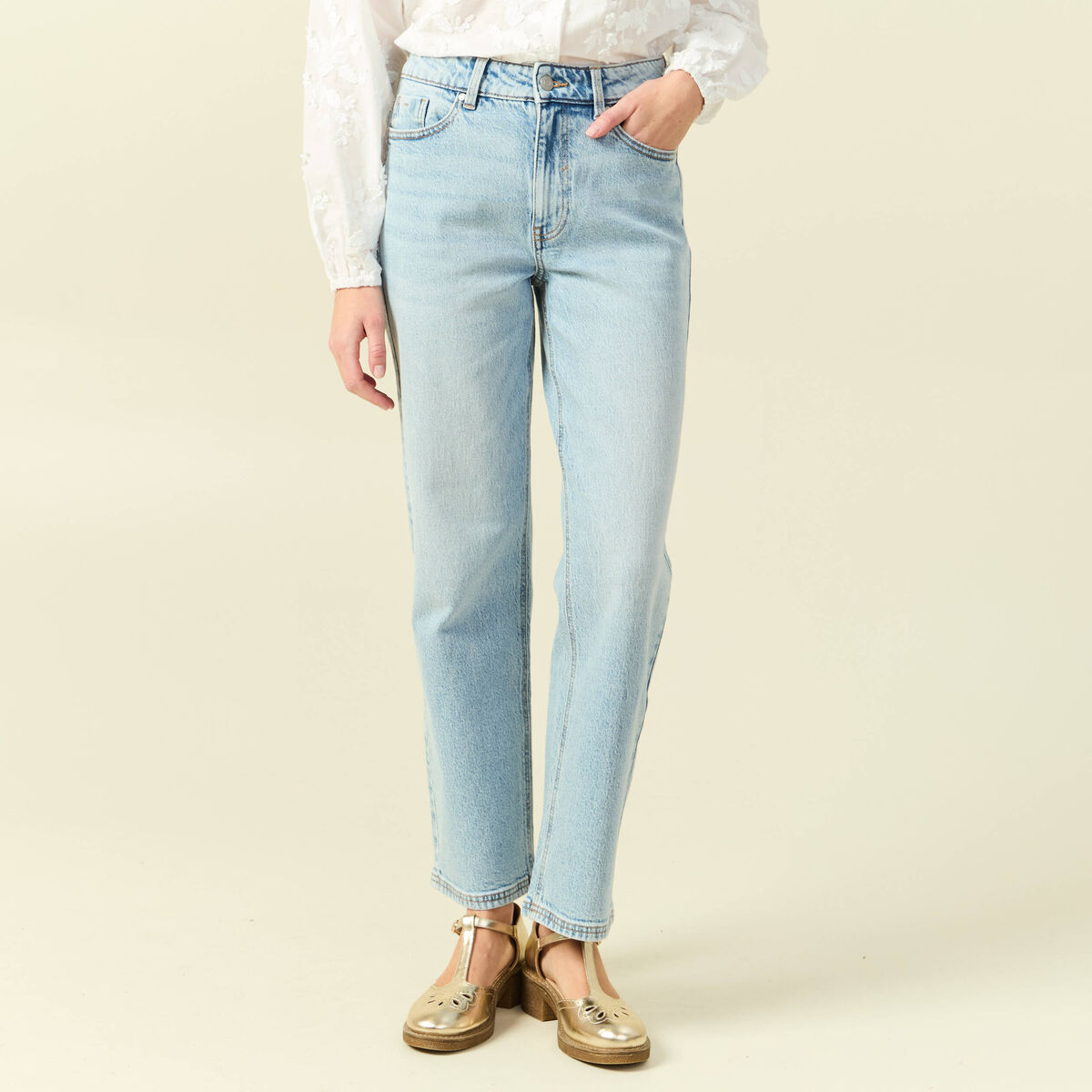 Jeans straight 7/8&egrave;me taille haute denim bleach femme